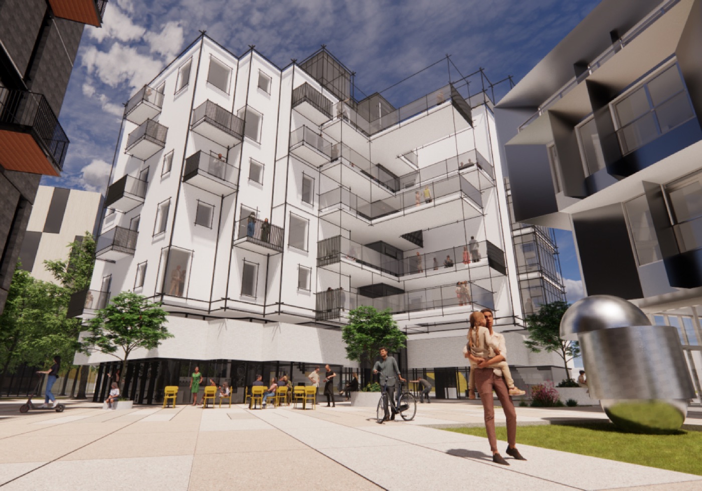 Railside Site 5 in Winnipeg, with ground-floor retail and a landscaped plaza